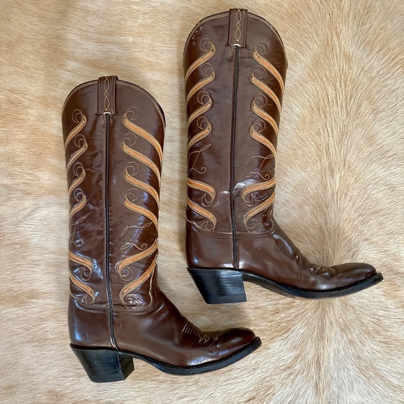 Vintage Tony Lama Western Boots | Women’s 7 | Leather | Brown Orange & Yellow - Picture 7 of 9